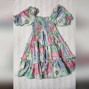 Girls Floral Smocked Puff Sleeve Dress - Pastel Pink, Mint & Lavender